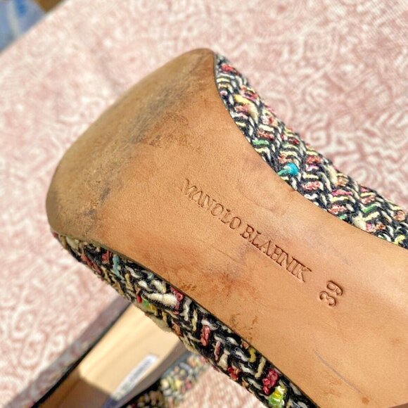 Manolo Blahnik Tweed Patent Leather Heels Pumps Pointed Toe Vtg - Picture 4 of 6